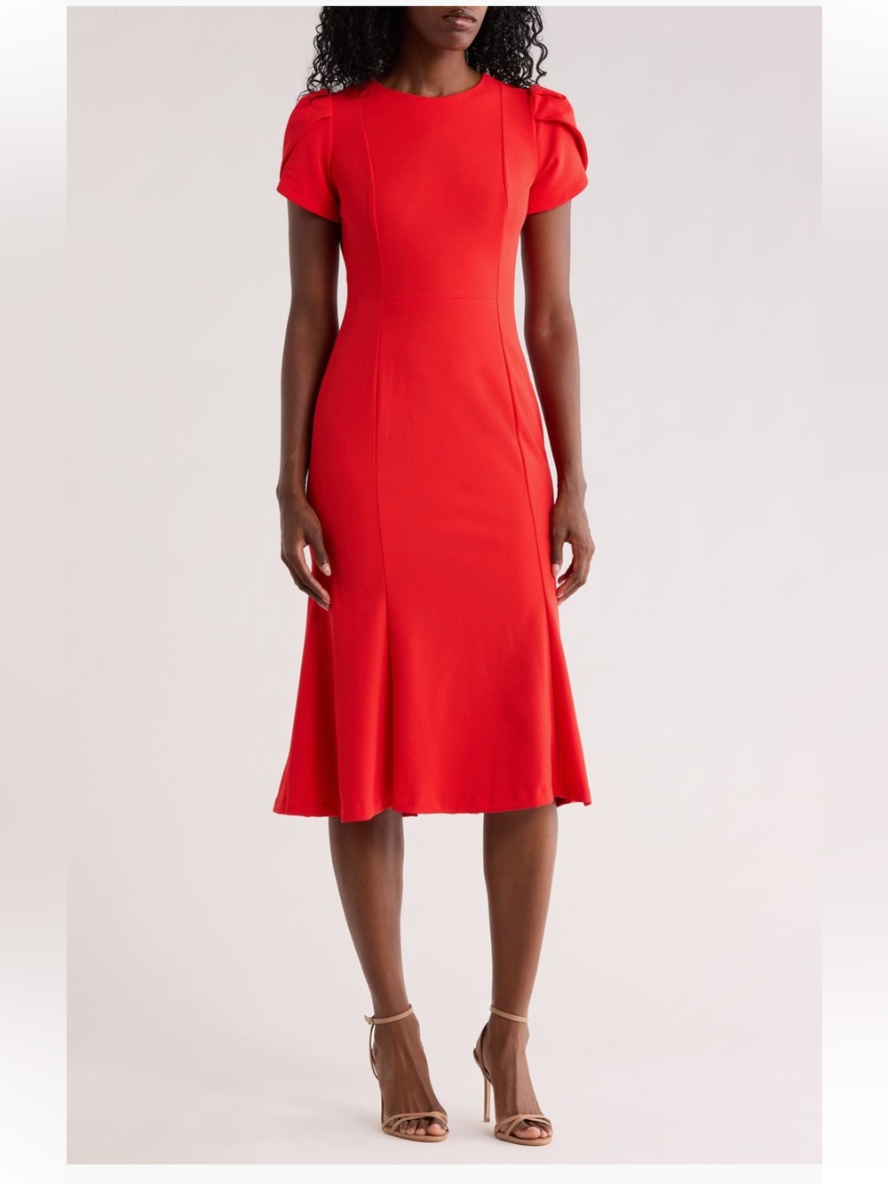 Calvin Klein Red Fit-and-Flare Midi Dress with tulip Sleeves♥️